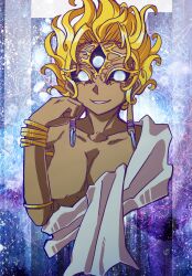  1boy armlet asian_indian_clothes black_sclera blonde_hair bracelet colored_sclera dark-skinned_male dark_skin earrings gold_armlet gold_bracelet hajun hand_to_head hoop_earrings jewelry kajiri_kamui_kagura long_earlobes neko_nadehoudai pectorals shinza_bansho_series smile third_eye topless_male wavy_hair 
