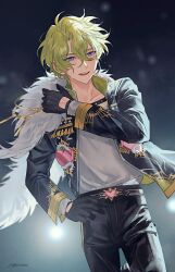  1boy belt black_belt black_gloves black_pants cowboy_shot curtained_hair ensemble_stars! gloves green_hair hair_between_eyes hand_on_own_hip hand_up headset heart highres jabe0000 jacket layered_clothes layered_sleeves long_sleeves male_focus open_clothes open_jacket open_mouth pants short_hair solo sweat teeth tomoe_hiyori twitter_username upper_teeth_only violet_eyes 