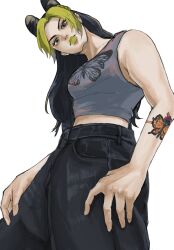  1girl animal_print arm_tattoo black_pants braid braided_base braided_bun bun_with_braided_base butterfly_print butterfly_tattoo cone_hair_bun denim double_bun green_hair green_lips hair_bun hand_on_own_leg highres jeans jojo_no_kimyou_na_bouken kujo_jolyne lipstick long_hair looking_at_viewer makeup multicolored_hair pants shirt simple_background solo solo_focus stone_ocean tattoo two-tone_hair umeko_(00_nro9) white_background 
