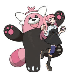 1girl 1other ascot bear bear_paws bewear black_boots black_dress blue_thighhighs boots breasts buttons closed_mouth commentary dress english_commentary fire_emblem fire_emblem:_three_houses garreg_mach_monastery_uniform hands_up hilda_valentine_goneril holding holding_poke_ball knee_boots long_hair looking_at_viewer love_ball lozyrosie medium_breasts open_mouth pink_eyes pink_hair poke_ball pokemon pokemon_(creature) simple_background smile standing standing_on_one_leg sugimori_ken_(style) thigh-highs twintails white_ascot white_background