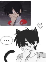  ... 1boy 6a9afc6d absurdres animal_ears black_eyes black_hair bright_pupils cape cat_boy cat_ears cat_tail crown false_memory finger_to_own_chin gold_crown grey_shirt halo hand_on_own_chin high_collar highres imagining male_focus mini_crown monochrome protagonist_halo red_cape shirt simple_background speech_bubble stroking_own_chin tail thinking thought_bubble white_background white_pupils 