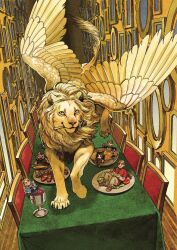 2girls 4boys alcohol chair chalice chilchuck_tims commentary cup dungeon_meshi eating english_commentary feathered_wings food golden_fur highres honey_dipper in_bowl in_container in_cup izutsumi kui_ryouko laios_touden lion looking_at_viewer mane marcille_donato multiple_boys multiple_girls official_art on_plate on_table picture_frame salad senshi_(dungeon_meshi) smile soup table tablecloth textless_cover_page third-party_source wine winged_lion_(dungeon_meshi) wings yellow_eyes 