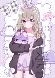  1girl absurdres alternate_costume antenna_hair black_cardigan blush camisole cardigan commentary_request cowboy_shot grey_hair hair_between_eyes hair_intakes hairband highres long_hair looking_at_viewer loungewear mashu-tan meitantei_precure! meme_(mmmwawa) moria_luluka open_cardigan open_clothes parted_lips pink_camisole pink_hairband precure purple_shorts short_shorts shorts sidelocks solo violet_eyes watermark 