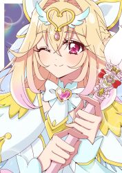  1girl antenna_hair blonde_hair bow brooch capelet closed_mouth cure_arcana dress frilled_capelet frilled_cuffs frills gradient_hair hair_intakes heart heart_brooch hell-moon highres jewelry long_hair looking_at_viewer magical_girl meitantei_precure! moria_luluka multicolored_hair one_eye_closed precure shine_arcana_rod smile solo upper_body veil very_long_hair white_capelet white_dress white_veil winged_heart wrist_cuffs 