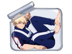  1boy bakugou_katsuki barefoot blonde_hair boku_no_hero_academia closed_mouth commentary_request feet full_body gym_uniform highres in_container m_chii66 male_focus pants red_eyes short_hair solo spiky_hair sweatdrop twitter_username u.a._gym_uniform white_background 