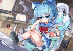  1girl absurdres ahoge bandaid bandaid_on_knee bandaid_on_leg black_shoes blue_bow blue_eyes blue_hair blue_sailor_collar blue_skirt blush bow can cellphone chair chinese_commentary cirno cirno_day closed_mouth commentary_request computer_keyboard desk detached_wings drawing_tablet drink_can gaming_chair hair_between_eyes hair_bow hair_ornament highres holding holding_phone hxj_(2324184595) ice ice_wings indoors large_variant_set looking_at_viewer mary_janes medium_hair monitor on_chair phone pointy_ears sailor_collar shirt shoes sitting skirt smartphone smile socks solo swivel_chair touhou variant_set watch watch white_shirt white_socks wings 