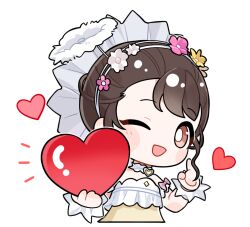  1girl angel artist_request bare_shoulders blush_stickers bonnet bow bright_pupils brown_eyes brown_hair chibi choker cropped_torso detached_sleeves fake_halo finger_to_cheek flower flower_hairband frilled_choker frilled_headwear frilled_shirt frilled_wrist_cuffs frills fur_halo gilded_dreamsong_(infinity_nikki) giving hairband halo happy heart heart_choker holding holding_heart infinity_nikki looking_at_viewer nikki_(series) notice_lines official_art one_eye_closed open_mouth pink_bow pink_flower shirt short_hair_with_long_locks sidelocks sleeve_bow smile solo sticker_(medium) strapless strapless_shirt tareme transparent_background wavy_hair white_bonnet white_choker white_flower white_hairband white_halo white_pupils white_sleeves white_wrist_cuffs wrist_cuffs yellow_flower yellow_shirt 