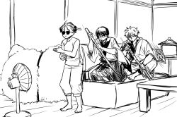  1girl 2boys barefoot chinese_clothes commentary_request couch dancing dress electric_fan gintama hatching_(texture) highres holding holding_sheath indonesian_boat_racing_kid_(meme) kagura_(gintama) meme monochrome multiple_boys on_couch qipao sakata_gintoki sheath shimura_shinpachi shin_iida standing sunglasses wide_shot 