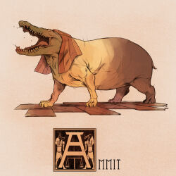  ammit_(mythology) ancient_egyptian_clothes anubis_(mythology) character_name chimera claws commentary creature creature_focus egyptian_mythology english_commentary highres nathan_anderson nemes open_mouth scales sharp_teeth simple_background solo_focus teeth thoth_(mythology) 