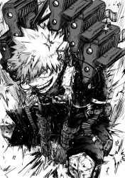  1boy ammunition_belt arms_between_legs bakugou_katsuki belt between_legs blood blood_on_face boku_no_hero_academia cable commentary_request crack crazy_eyes crazy_smile crosshatching dkyoudai explosive full_body gloves grenade greyscale gun hair_between_eyes hand_between_own_legs hatching_(texture) high_collar highres invisible_floor knee_pads leaning_forward linear_hatching looking_ahead machine_gun male_focus monochrome motion_lines open_mouth pants partial_commentary scratches screentones short_hair sideways_mouth simple_background single_horizontal_stripe smile solo sparkle speed_lines spiky_hair spoilers squatting sweat weapon white_background wrist_guards 