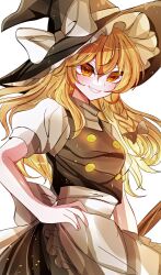  1girl apron black_bow black_vest blonde_hair bow braid broom commentary_request frills hair_between_eyes hair_bow hand_on_own_hip hat hat_bow highres kirisame_marisa long_hair open_mouth puffy_sleeves shirt short_sleeves side_braid single_braid smile solo sora_hikage touhou vest waist_apron white_background white_bow witch_hat yellow_eyes 