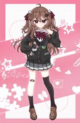  1girl ahoge asymmetrical_legwear bandaid bandaid_on_knee bandaid_on_leg black_cardigan black_skirt black_socks black_thighhighs bow bowtie broken_heart broken_heart_hair_ornament brown_shoes cardigan closed_mouth collared_shirt commentary_request dress_shirt evil_neuro-sama evil_neuro-sama_(1st_costume) fang full_body hair_between_eyes hair_ornament hand_up heart heart_hair_ornament highres loafers long_hair long_sleeves looking_at_viewer miniskirt pleated_skirt red_bow red_bowtie red_eyes red_ribbon ribbon shirt shoes single_sock single_thighhigh skin_fang skirt socks solo standing thigh-highs torn_bowtie torn_hair_ribbon twilightsnow629 two_side_up uneven_legwear vedal_ai virtual_youtuber white_shirt 