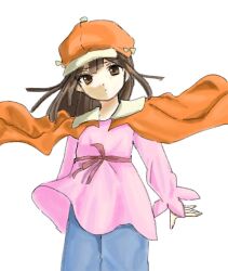  1girl arms_at_sides bakemonogatari blue_pants breasts brown_eyes brown_hair brown_hat brown_jacket casual choppy_bangs closed_mouth cowboy_shot denim dot_mouth eyelashes gagagadaiouda hair_between_eyes hat head_tilt jacket jacket_on_shoulders jeans long_sleeves looking_at_viewer medium_hair monogatari_(series) newsboy_cap pants pink_ribbon pink_shirt ribbon sengoku_nadeko shirt simple_background small_breasts solo standing white_background wind 