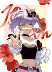  1girl @_@ ahoge belt black_bow black_collar black_shirt blunt_bangs bob_cut bow breasts camellia charm_(object) chinese_commentary collar collarbone commentary_request crop_top earrings floating_earrings floating_hair flower frilled_sleeves frills hair_bow highres jewelry motion_blur nail_polish navel official_alternate_costume pa576 pendant_earrings pointing pointing_at_viewer purple_hair red_flower shaded_face shirt simple_background small_breasts smile smirk solo stomach tasokare_hotel triangle_earrings tsukahara_neko x-shaped_earrings yellow_eyes 