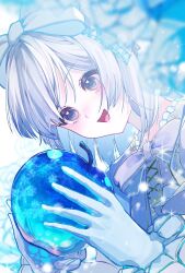  1girl apple blue_apple blue_dress blue_eyes blue_gloves blue_theme blush bow bowtie character_request collar commentary_request copyright_request dress food frilled_collar frilled_dress frilled_gloves frills fruit gloves gumvafqf8cwwtha hair_bow heart heart_in_eye highres holding holding_food holding_fruit long_hair open_mouth smile snow symbol_in_eye white_background white_bow white_hair white_theme winter 