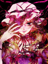  1girl blonde_hair collar commentary_request frilled_collar frills gap_(touhou) hair_ribbon hat kyoma_(yellowxcake) long_hair mob_cap one_eye_covered red_ribbon ribbon touhou violet_eyes yakumo_yukari 