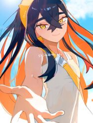  1girl alternate_costume artist_name bare_shoulders beckoning black_hair blue_sky breasts carmine_(pokemon) closed_mouth commentary_request crossed_bangs dress eyelashes hair_between_eyes hairband long_hair looking_at_viewer mole mole_under_eye multicolored_hair pokemon pokemon_scarlet_and_violet reaching reaching_towards_viewer red_hair shiro_(46isou) sky sleeveless sleeveless_dress small_breasts smile solo sundress twitter_username two-tone_hair white_dress yellow_eyes yellow_hairband 