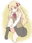  1girl adjusting_clothes adjusting_legwear azumi_(myameco) black_skirt blonde_hair commentary_request ereshkigal_(fate) fate/grand_order fate_(series) hair_ribbon long_hair long_sleeves looking_down neck_ribbon red_eyes red_ribbon ribbon school_uniform shirt skirt solo two_side_up white_shirt 