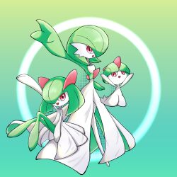  3girls bob_cut bowl_cut colored_skin commentary_request dress evolutionary_line gardevoir green_background green_hair green_skin hair_over_one_eye highres horns kirlia multicolored_skin multiple_girls nanairo_(pixiv_116811856) open_mouth pokemon pokemon_(creature) ralts sidelocks smile two-tone_skin white_dress white_skin 