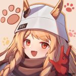 1girl :d absurdres animal_ears arknights bangs bingcan braid brown_background brown_hair ceobe_(arknights) ceobe_(unfettered)_(arknights) chinese_commentary commentary_request dog_ears ears_through_headwear fang gloves hand_up highres long_hair looking_at_viewer open_mouth paw_print portrait red_eyes red_gloves simple_background skin_fang smile solo twin_braids white_headwear 