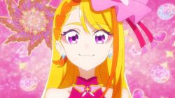  1girl animated animated_gif anime_screenshot arms_up bug butterfly closed_eyes commentary_request cure_butterfly english_text full_body hijiri_ageha hirogaru_sky!_precure long_hair looking_at_viewer looping_animation multicolored_hair open_mouth pink_background precure smile solo sparkle v very_long_hair 