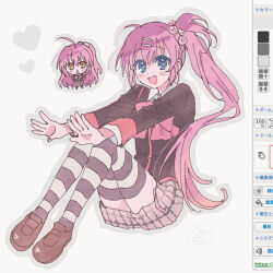 2girls :d ahoge art_program_in_frame black_jacket blue_eyes blush_stickers bow bowtie brown_shoes chestnut_mouth collared_shirt commentary_request frown full_body futaki_kanata grey_outline grey_skirt hair_between_eyes hair_bobbles hair_ornament hairclip hands_on_own_hips heart highres ivi-x jacket knees_up little_busters! little_busters!_school_uniform loafers long_hair long_sleeves looking_at_viewer miniskirt multiple_girls one_side_up open_mouth outline outstretched_arms outstretched_hand parallel_hairclips pink_bow pink_bowtie pink_hair plaid_clothes plaid_skirt pleated_skirt saigusa_haruka school_uniform shirt shoes siblings side_ponytail sidelocks simple_background sisters sitting skirt smile standing striped_clothes striped_thighhighs thigh-highs twins v-shaped_eyebrows very_long_hair white_background white_shirt yellow_eyes zettai_ryouiki 