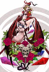  bat_wings blonde_hair blue_hair commentary_request crystal_wings flandre_scarlet flower hat highres laevatein_(touhou) leaf mob_cap nishiide_kengorou plant red_eyes remilia_scarlet rose siblings sisters skull touhou vampire vines wings 