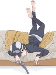  1girl barefoot black_hair black_hat black_jacket black_pants blue_eyes coat colt_1851_navy commentary couch deerstalker goggles goggles_on_headwear gun hat highres holding holding_gun holding_weapon jacket kino_(kino_no_tabi) kino_no_tabi legs_up looking_at_viewer lying on_couch on_stomach pants revolver riellzy shirt short_hair simple_background soles solo tomboy unworn_coat weapon white_background white_shirt wristband yellow_coat 