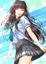  1girl absurdres aqua_eyes aqua_neckerchief blunt_bangs brown_hair commentary grey_sailor_collar grey_skirt hair_ornament hairclip highres kurosawa_dia long_hair looking_at_viewer love_live! love_live!_sunshine!! minami_(vivace_re_373) mole mole_under_mouth navel neckerchief ocean open_mouth sailor_collar school_uniform serafuku skirt solo teeth tie_clip tongue upper_teeth_only uranohoshi_school_uniform 