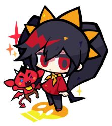  1boy 1girl 6w6_8p ashley_(warioware) big_hair black_hair black_thighhighs blush chibi chibi_only colored_skin commentary_request demon demon_boy demon_horns dress horns korean_commentary looking_at_viewer neckerchief orange_neckerchief red_(warioware) red_dress red_eyes red_shoes red_skin shoes skull skull_brooch skull_ornament sparkle thigh-highs tiara twintails warioware 