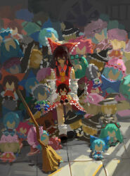  1girl ascot bow broom brown_eyes brown_hair character_and_character_item character_doll cirno commentary detached_sleeves doll elatri english_commentary flandre_scarlet frilled_bow frilled_hair_tubes frills fumo_(doll) hair_bow hair_tubes hakurei_reimu hatsune_miku highres izayoi_sakuya kasane_teto long_hair red_bow red_skirt remilia_scarlet ribbon-trimmed_sleeves ribbon_trim shoes skirt skirt_set socks solo touhou utau vocaloid white_socks yellow_ascot 