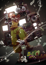  1boy absurdres backwards_hat brown_hair brown_shoes classicaloid commentary_request franz_schubert_(classicaloid) glasses glowing green_pants hat highres holding holding_microphone jacket male_focus microphone musical_note musical_staff nikka_(pixiv_3621493) pants screen shoes solo speaker uneven_footing yellow_jacket 