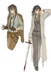  1girl absurdres black_gloves black_hair black_necktie blood blood_on_weapon brown_jacket coat collared_shirt commentary full_body genderswap genderswap_(mtf) gloves highres holding holding_sword holding_weapon jacket jacket_on_shoulders kiirorokat kim_dokja long_hair long_sleeves looking_to_the_side multiple_views necktie omniscient_reader's_viewpoint open_clothes open_coat shirt suspenders sword weapon white_coat white_shirt 