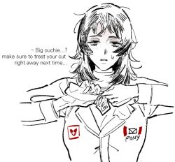  1girl anya_(mouthwashing) black_eyes black_hair commentary english_text jumpsuit long_sleeves looking_at_viewer medium_hair mouthwashing open_mouth pankepen pony_express_uniform shirt simple_background solo upper_body white_background 
