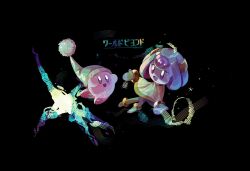  1girl black_background blush_stickers colored_skin commentary_request delta_0229 green_hat hat highres kirby kirby_(series) kirby_and_the_world_beyond looking_at_another mysterious_girl_(kirby_and_the_world_beyond) open_mouth purple_skin rayman_limbs smile sword_kirby 