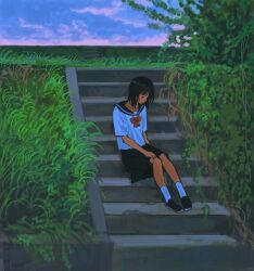  1girl black_hair black_sailor_collar black_skirt bow bowtie closed_eyes clouds commentary grass highres medium_hair original outdoors plant pleated_skirt realyangtuo red_bow red_bowtie sailor_collar school_uniform serafuku shirt shoes short_sleeves sitting sitting_on_stairs skirt sky slice_of_life socks solo stairs white_shirt white_socks wide_shot 