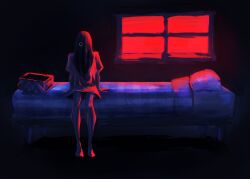  1girl absurdres commentary dress giumni hair_over_one_eye highres looking_at_viewer mari_(faraway)_(omori) mari_(omori) omori on_bed one_eye_closed picnic_basket red_light sitting something_(omori) white_dress window 