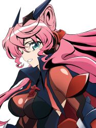  1girl aqua_eyes breasts english_commentary floating_hair hair_ears headgear headphones highres long_hair looking_at_viewer maria_cadenzavna_eve maria_cadenzavna_eve_(gungnir) medium_breasts mixed-language_commentary parted_lips pink_hair popped_collar senki_zesshou_symphogear simple_background skin_tight smile solo symphogear_pendant tareme upper_body user_ruwa7424 wavy_sidelocks white_background 