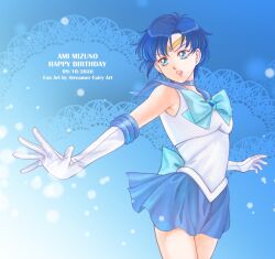  1girl back_bow bishoujo_senshi_sailor_moon blue_bow blue_bowtie blue_choker blue_eyes blue_hair blue_sailor_collar blue_skirt bow bowtie choker circlet commentary_request dated earrings elbow_gloves gloves happy_birthday highres jewelry koya looking_ahead mizuno_ami sailor_collar sailor_mercury short_hair skirt solo white_gloves 