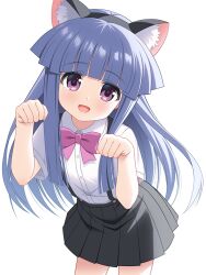  1girl :d animal_ear_fluff animal_ears black_hairband black_skirt blue_hair blush bow cat_ears collared_shirt commentary_request dress_shirt fake_animal_ears furude_rika gaou_(babel) hairband higurashi_no_naku_koro_ni long_hair looking_at_viewer paw_pose pleated_skirt purple_bow school_uniform shirt short_sleeves simple_background skirt smile solo suspender_skirt suspenders very_long_hair violet_eyes white_background white_shirt 