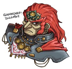  1boy cape character_name closed_mouth commentary_request cropped_shoulders dated earrings frown ganondorf gerudo highres jewelry looking_at_viewer male_focus red_cape red_eyes red_hair satoruru simple_background solo the_legend_of_zelda the_legend_of_zelda:_ocarina_of_time the_legend_of_zelda:_ocarina_of_time_(remake) white_background 