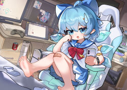  1girl absurdres ahoge bandaid bandaid_on_knee bandaid_on_leg barefoot blue_bow blue_eyes blue_hair blue_sailor_collar blue_skirt blush bow can cellphone chair chinese_commentary cirno cirno_day commentary_request computer_keyboard desk detached_wings drawing_tablet drink_can feet foot_focus gaming_chair hair_between_eyes hair_bow hair_ornament highres holding holding_phone hxj_(2324184595) ice ice_wings indoors large_variant_set looking_at_viewer mary_janes medium_hair monitor on_chair open_mouth phone pointy_ears sailor_collar shirt shoes sitting skirt smartphone smile socks soles solo swivel_chair toes touhou unworn_socks variant_set watch watch white_shirt white_socks wings 