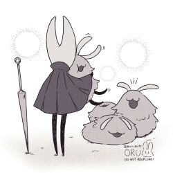  1girl 4others :3 arthropod_girl cloak colored_skin flea_(hollow_knight) from_behind full_body happy highres hollow_knight hollow_knight:_silksong horned_mask hornet_(hollow_knight) horns hug mask multiple_others needle_(hollow_knight) oru_(0ruru_0ru95) planted standing weapon 