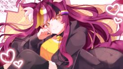  1girl 8sai_sousaku absurdres ahoge animal_ear_fluff animal_ears bell black_streaks blonde_streaks bright_pupils cat_ears collar commission digitalbasic genderswap genderswap_(otf) heart highres hood hooded_jacket huge_ahoge indie_virtual_youtuber jacket long_hair looking_at_viewer multicolored_hair neck_bell non-binary_flag second-party_source shirt skeb_commission smile solo streaked_hair textless_version violet_eyes virtual_youtuber white_pupils white_streaks yellow_eyes yellow_shirt 