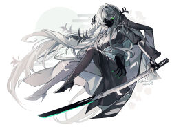  1girl absurdres artist_name black_skin coat coat_on_shoulders colored_eyelashes colored_skin commentary dated floating_hair full_body green_eyes green_nails grey_coat grey_hair grey_kimono high_heels highres holding holding_sword holding_weapon invisible_chair japanese_clothes katana kimono kuroyurihime_(munji412) long_hair looking_at_viewer munji412 no_mouth no_nose one-eyed original pantyhose signature simple_background sitting solo sword very_long_hair weapon white_background white_eyelashes 