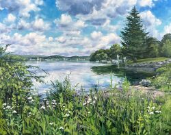  blue_sky boat clouds connecticut day flower grass highres kate_avery lake no_humans oil_painting_(medium) original outdoors painting_(medium) real_world_location reflection reflective_liquid sailboat scenery sky traditional_media tree watercraft white_flower 