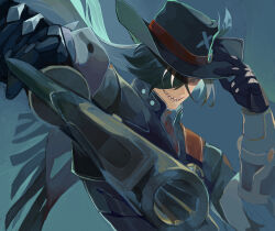  1boy absurdres black_gloves black_hair black_hat black_jacket boothill_(honkai:_star_rail) commentary_request cowboy_hat cyborg floating_hair gangsta_hold gloves grey_eyes gun hair_over_one_eye hat hat_feather hat_tip highres holding holding_gun holding_weapon honkai:_star_rail honkai_(series) jacket long_hair long_sleeves mrsw0911 open_mouth sharp_teeth simple_background sleeve_cuffs solo teeth very_long_hair weapon white_hair 