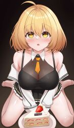  1girl absurdres ahoge bare_shoulders birthday_cake black_shirt blonde_hair breasts cake cake_slice commentary_request english_text food happy_birthday haru_estia highres karurega looking_at_viewer medium_breasts open_mouth shirt sitting sleeveless sleeveless_shirt solo soulworker thighs wariza yellow_eyes 