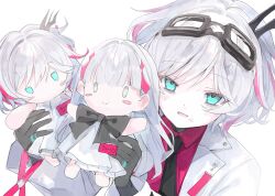  1girl bags_under_eyes black_gloves black_necktie blue_eyes character_doll coat collared_shirt commentary_request croma_mhach doll gloves goggles goggles_on_head highres holding holding_doll horns lab_coat long_sleeves looking_at_viewer multicolored_hair necktie open_clothes open_coat phylene_(shadowverse) red_shirt red_streaks scratches sephie_(shadowverse) shadowverse shirt short_hair smile solo streaked_hair symbol-shaped_pupils triangle-shaped_pupils white_background white_coat white_hair 