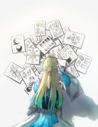  1girl absurdres android aqua_hair bare_shoulders blonde_hair commentary detached_sleeves drawing_(action) drawing_(object) dress english_commentary facing_away fins from_above from_behind full_body gradient_hair head_fins highres holding holding_pencil honkai:_star_rail honkai_(series) joints long_hair meatabogan multicolored_hair paper pearl_(honkai:_star_rail) pencil robot_joints simple_background sitting solo very_long_hair wariza white_background 